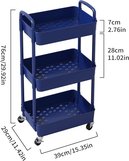 Sywhitta 3-Tier Plastic Rolling Utility Cart with Handle, Multi-Functional Storage Trolley for Office, Living Room, Kitchen, Movable Storage Organizer with Wheels, Blue