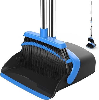 NACENA Broom and Dustpan Set, 52-in Long Adjustable Handle Broom Dustpan Combo with Dustpan Teeth to Automatically Clean Hair Suitable for Home Kitchen Office Hall Floor（Black&Blue）