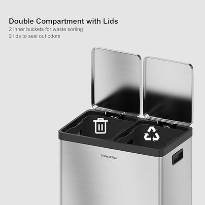 Kitchen Trash Can, 2 x 8 Gallon (2 x 30 L) Dual Trash Can, Garbage Can for Kitchen, Trash and Recycle Bin Combo, Fingerprint Resistant, Soft-close Lid,Odor-Proof and Brushed Stainless Steel