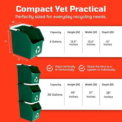 Multi Recycling Bin System with Three Stacking 6 Gallon Bins with Carrying Handles, Stackable and Compact for Offices, Homes, Garages, Businesses - (Green, 3 Pack)