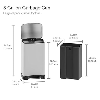 30L/8 Gallon Stainless Steel Garbage Bin with Soft-Close Lid,Step Trash Can with Removable Plastic Inner Bucket, Fingerprint-Proof(White)