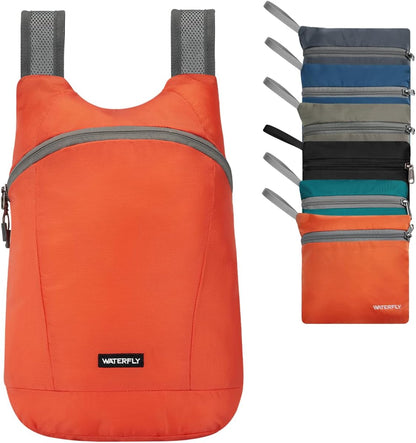 WATERFLY Foldable Lightweight Hiking Backpack: 15L Packable Traveling Daypack Men Women Ultralight Thin Casual Day Pack Bag for Outdoor Sports Camping Beach Park (Orange)