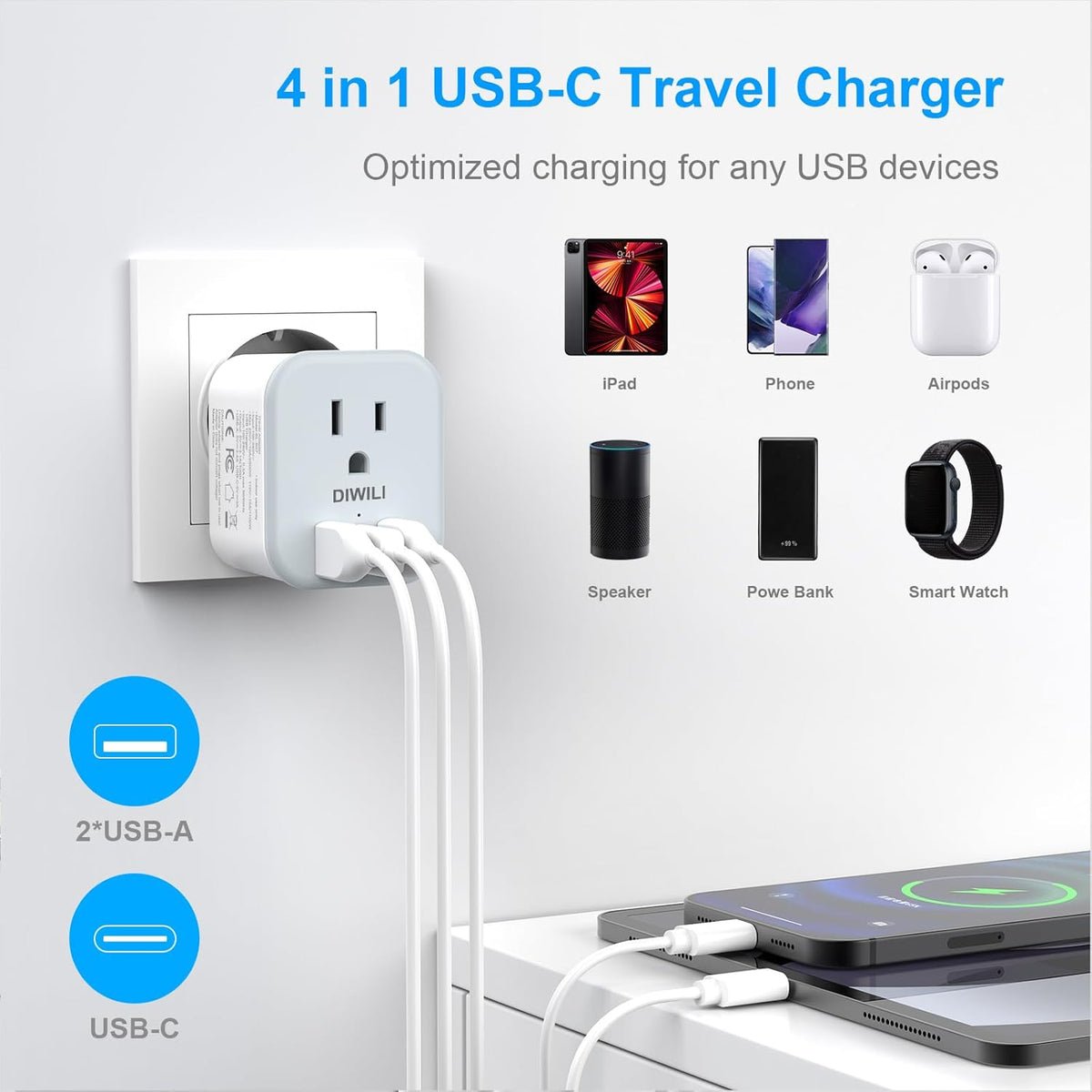 European Travel Plug Adapter, Foldable Power Adapter with 3 USB(1 USB C Port) and 1 AC Outlets, 2 in 1 Type C/L EU Outlet Adapter for US to Most of Europe France Germany Spain Italy(1 Pack)