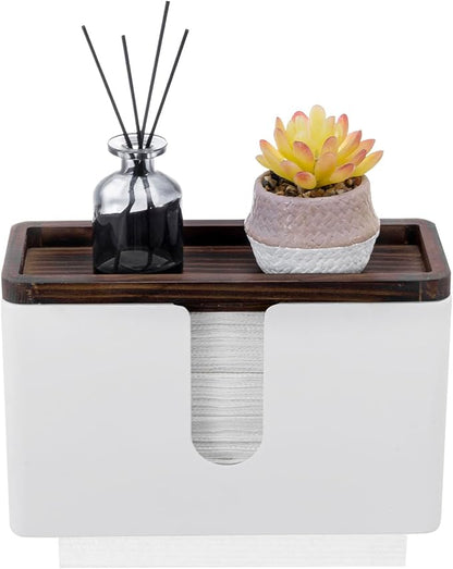MyGift Deluxe Modern Matte White Metal Folded Commercial Paper Towel Holder with Rustic Burnt Solid Wood Tray Lid, Wall Mounted Trifold Multifold Z Fold Disposable Napkin Dispenser