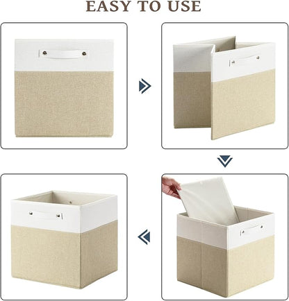 13 x 13 Inch Fine Linen Storage Bins with Handles，Fabric Cube Boxs，Collapsible Basket Organizers for Shelves for Home, Closet Drawers (White/Khaki-6 Pack)