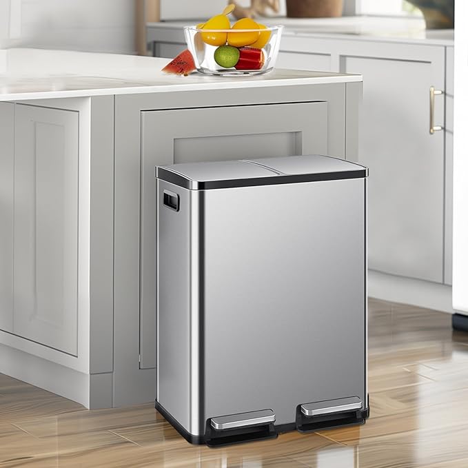 DUMOS Kitchen Trash Can, 2×8-Gallon Garbage Can with Lid, Stainless Steel Trash Bin with 2 Removable Inner Buckets, Soft-Close Foot Pedal, Fingerprint-Resistant for Kitchen Home Office