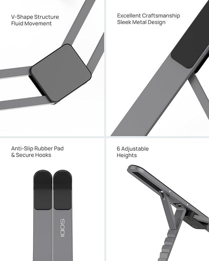 SODI [Innovative Compact] Foldable Laptop Stand for Desk, Lightweight Portable Laptop Stand for Business Trip, Library, Cafe, 6 Level Height Ergonomic Aluminum Computer Stand for MacBook 10-16"