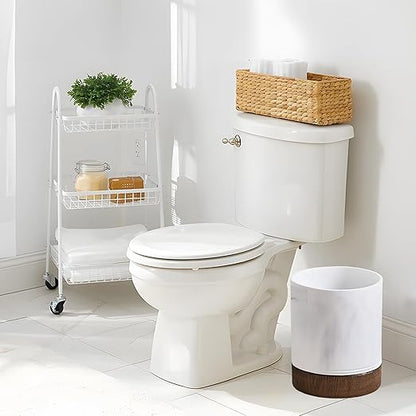 Polytree White Marble and Brown Wood Round Wastebasket, Resin Small Round Bathroom Trash Can 2.5 Gal(9 Liter) Small Kitchen Garbage Can,Living Room Bedroom Trash Can, Decor Wastebasket for Home Office