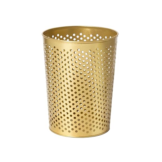 Small Gold Metal Trash Can Wastebasket, Decorative Hollow-Out Garbage Can Waste Paper Bin, Modern Farmhouse Round Trash Bin for Bathroom, Bedroom, Kitchen and Office (Dots)