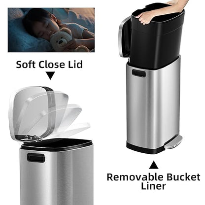 13 Gallon Trash Can with Lid, 50L Fingerprint Proof Stainless Steel Kitchen Trash Can with Removable Inner Bucket and Lid Soft Close, Pedal Rubbish Bin for Home Office