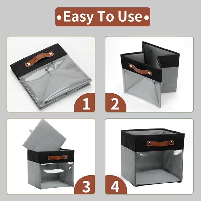 HNZIGE Cube Storage Bins 11 x 11, Fabric Cubes Storage Bins 11x11 Clear Storage Organizer,Canvas Storage Bin for Cube Storage, Cubby Collapsible Organizer Bin for Organizing Home(Gray Black 6PCS)