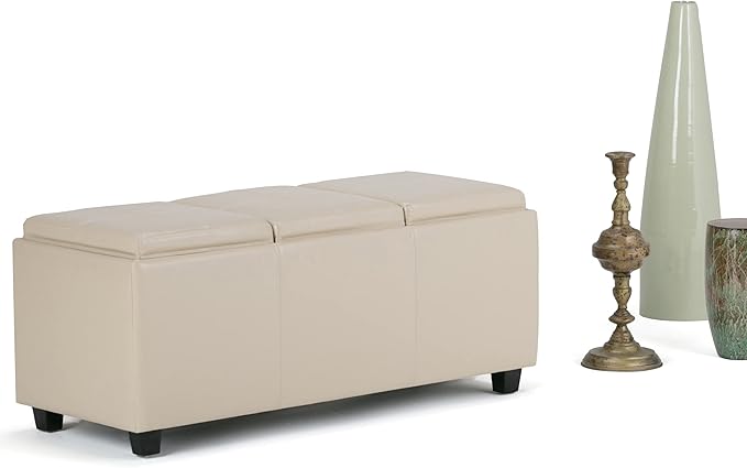 SIMPLIHOME Avalon 42 inch Wide Contemporary Rectangle Storage Ottoman in Satin Cream Vegan Faux Leather, Assembled, for the Living Room, Entryway and Family Room