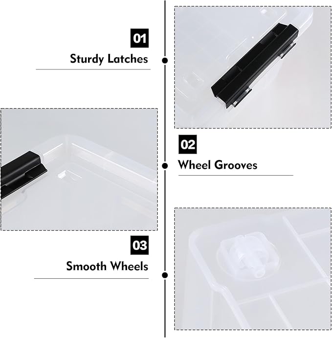 Pekky 22 Qt Clear Plastic Storage Bins with Lids and Wheels, 6 Packs Plastic Latching Container Box for Organizing