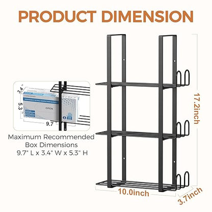 Glove Holder Dispenser for Wall Mount, Black Metal Disposable Latex Gloves Holder for Lab, Wall-Mounted Triple Rubber Box Holder, Tissue Rack for Kitchen and Garage