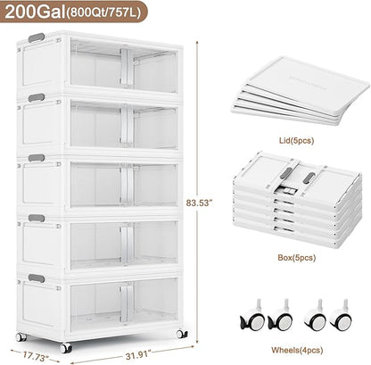 BROVIEW 800QT Stackable Storage Bins with Lids, 200Gal Extra Large Collapsible Storage Box with Wheel, Plastic Storages with Clear Door Open Front for Home Kitchen Garage, White-5pack(5 lids)