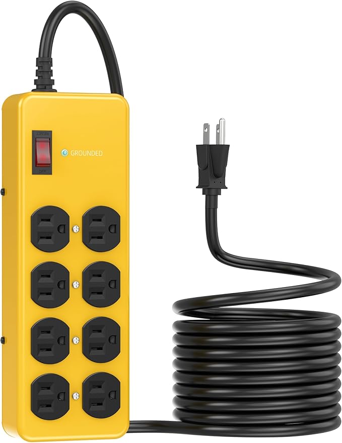 Heavy Duty Power Strip,Industrial Heavy Metal Case Surge Protector,8 AC Outlets,15Amp,2700 Joules,Protected' Indicator,14 Gauge Cord (Yellow, 15FT Length)
