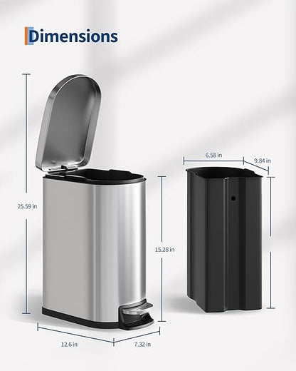 Garvee 13 Gal (50 L) and 2.6 Gal (10 L) Stainless Steel Trash Can Combo Set, Rustproof Garbage Can with Lid for Kitchen and Bathroom, Step-on Trash Bin with Inner Bucket, Rear Handle, Silver