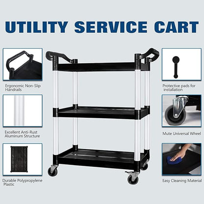 Service Cart with Wheels Lockable Large Size, Plastic Restaurant Cart Heavy Duty, Utility Commercial Cart for Office, Warehouse, Foodservice,40.1" L x 19.2" W x 38.5" H. Black (Large)