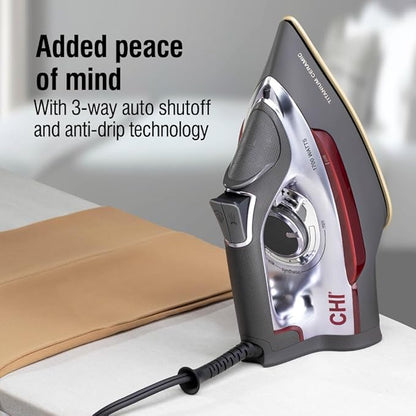 CHI Steam Iron for Clothes with 300+ Holes for Powerful Steaming, Temperature Guide Dial, 1700 Watts, XL 10’ Cord, 3-Way Auto Shutoff, Titanium Infused Ceramic Soleplate, Silver (13101)