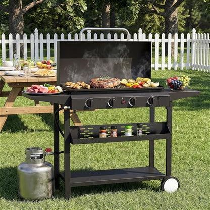 4 Burner BBQ Gas Griddle with Hood, 30 Inch Stainless Steel Portable Detachable Propane Griddle, 60,000 BTU Flat Top Grill with Side Shelves for Camping, Black