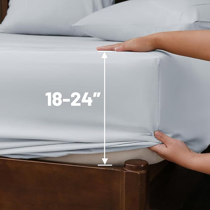 Extra Deep Pocket Queen Sheets 18-24 Inch 100% Egyptian Cotton 1000 Thread Count Sateen Weave Soft Breathable 4 Pieces（Queen,Light Blue）