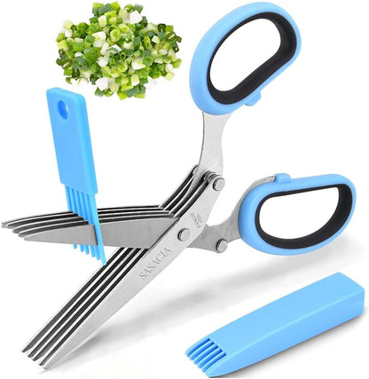Herb Scissors with 5 Blades & Cleaning Kit, Stainless Steel Kitchen Shears for Herbs, Lettuce, Cilantro, Dishwasher Safe, Soft-Grip Handle