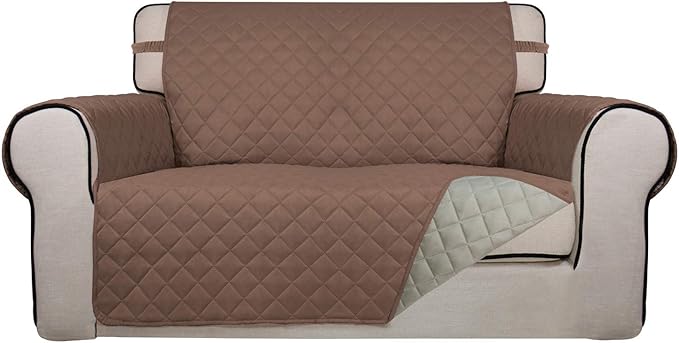 PureFit Reversible Quilted Sofa Cover, Water Resistant Medium Slipcover Furniture Protector, Washable Couch Cover with Non Slip Foam and Elastic Straps for Kids, Dogs, Pets (Loveseat, Brown/Beige)