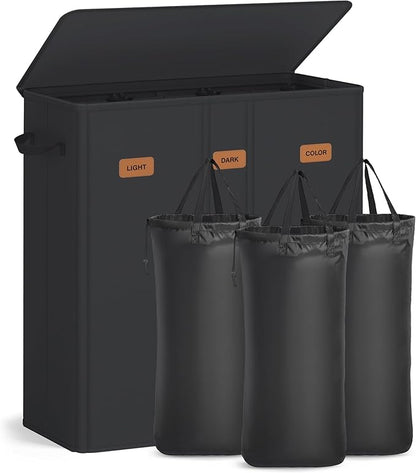 SONGMICS 42.2 Gallon (160 L) Laundry Hamper, 3-Compartment Laundry Basket Sorter with Lid, Labels, Removable Liner Bags, for Bedroom, Ink Black URLH013B01
