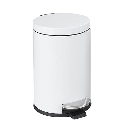 SunnyPoint 4.5 Liter(1.2 Gallon) Small Round Trash Can with Plastic Inner Bucket; Bathroom, Office, Kitchen and Bedroom Step On and Slow Close (WHT)