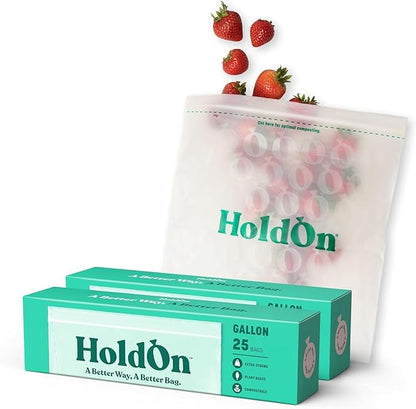 HoldOn HoldOn Zipseal Gallon Bags - Compostable, PFOA-Free, BPA-Free, Food-Safe Zip Seal Food Storage Bags/Freezer-Safe Gallon Bags With Secure Seal for Home & Travel (2-pack, 50 bags total)
