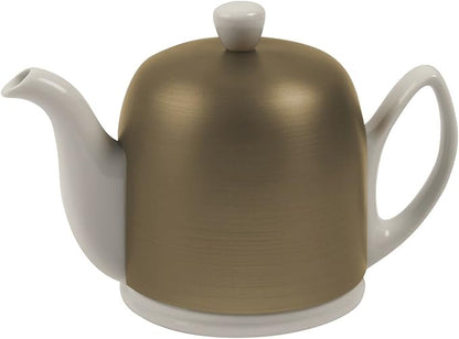 Degrenne Salam Luxury French Tea Pot - Porcelain Teapot with Bronze Stainless Steel Cover, Ceramic Tea Kettle for Loose Tea, Removable Infuser, 6 Cup Capacity, 36oz - White