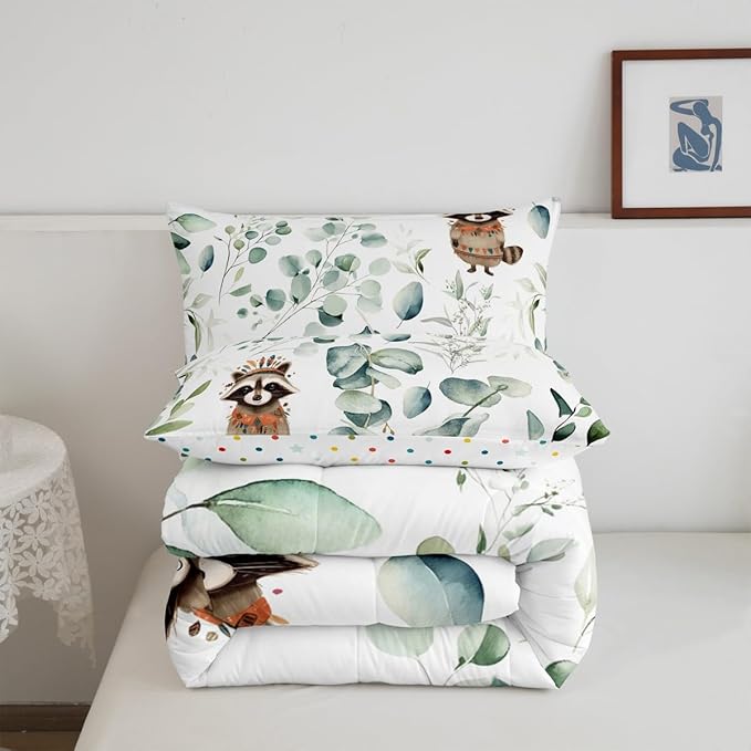 Erosebridal Cute Raccoon Twin Size Comforter Set for Kids Child Green Eucalyptus Bedding Set, Woodland Animal Down Comforter Botanical Plant Leaves Bed Set, Cartoon Wildlife Quilted Duvet