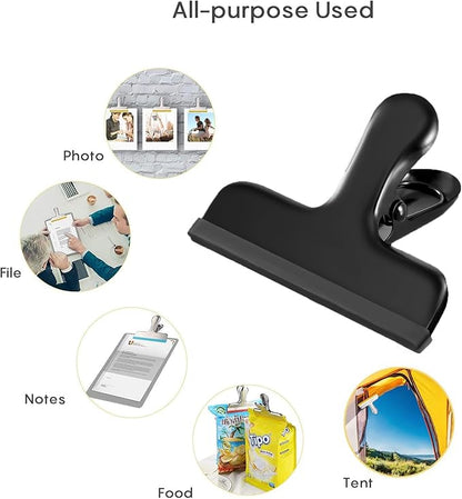 HOUSE AGAIN 8 Pack Stainless Steel Chip Bag Clips Covered with Silicone - NO More Sharp Edges - Color Coded for Food Bags - Air Tight Seal, Heavy Duty for Kitchen and Office, 3 Inches Wide, Black