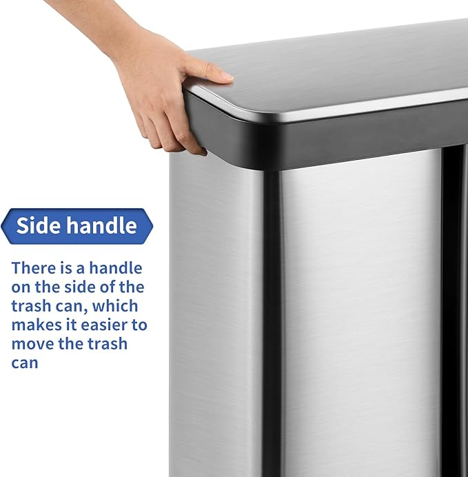 16 Gallon Dual Compartment Trash Can, Hands-Free Recycling Rectangular Garbage Bin, Stainless Steel Step-On Dustbin with Soft-Close Lid, Removable Inner Buckets, for Kitchen Home