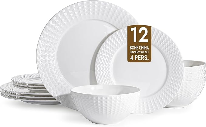 12Pc Rhombus Edge White Bone China Set, Service