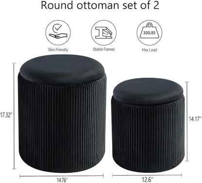 Round Ottoman with Storage Set of 2-Upholstered Velvet Vanity Stool for Makeup Multifunctional Ottomans Coffee Table Padded Seat Foot Rest for Living Room&Bedroom (Black-Upgrade Tray Lid)