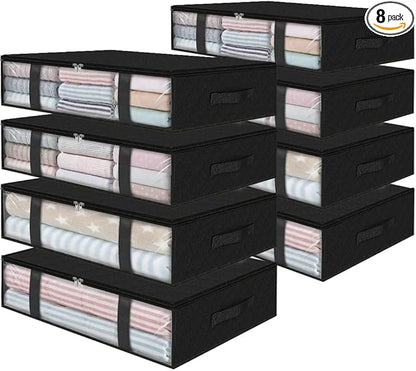 StorageRight Under Bed Storage Bins, 8-Pack 40L Foldable Fabric Storage Bags with Transparent Window, Breathable Organizer for Clothes/Blanket/Comforter/Quiltr, Black