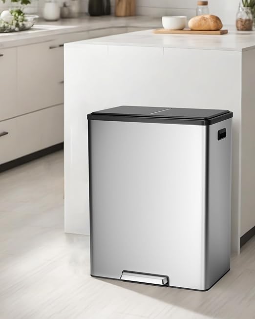 Garvee Dual Trash Can for Recycling and Trash, 2 x 30 L (60 L) Stainless Steel Kitchen Trash Can with Lid and Foot Pedal, Double Compartment Garbage Can, with Recycling Bin, 2 x 8 Gallon