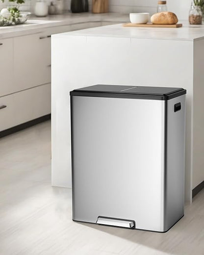 Garvee Dual Trash Can for Recycling and Trash, 2 x 30 L (60 L) Stainless Steel Kitchen Trash Can with Lid and Foot Pedal, Double Compartment Garbage Can, with Recycling Bin, 2 x 8 Gallon