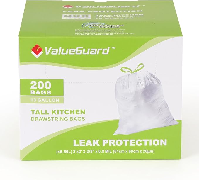 Large Trash Bag 13 Gallon Tall Drawstring 100% Post-Consumer Recycled Garbage Bag Waste Bag for Kitchen Office 0.8 Mil (200 Count)