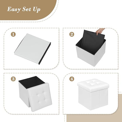 Athena Collection 15" Storage Ottoman Bench Folding Bench with 40L Hidden Storage, Small Cube Ottoman PU Leather Foot Rest Stool Chest with Flipping Lid for Living Room, Bedroom, Entryway, White