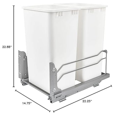 Rev-A-Shelf Double Pullout Trash Cans for Full Height Kitchen Cabinets 50 Quart 12.5 Gallon with Soft-Close Slides, White, 53WC-2150SCDM-211