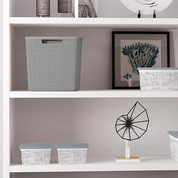 Curver Set of 4 Jute Large Cube Decorative Plastic Organization and Storage Baskets, Perfect Bins for Home Office, Closet Shelves, Kitchen Pantry and All Bedroom Essentials, Grey
