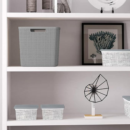 Curver Set of 4 Jute Large Cube Decorative Plastic Organization and Storage Baskets, Perfect Bins for Home Office, Closet Shelves, Kitchen Pantry and All Bedroom Essentials, Grey