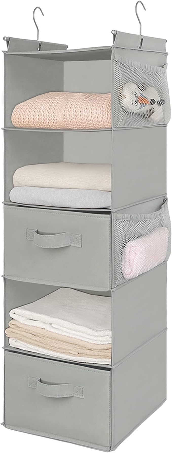 MAX Houser 5 Tier Shelf Hanging Closet Organizer, Cloth Hanging Shelf with 2 Sturdy Hooks for Storage, Foldable (Light Grey-D2)