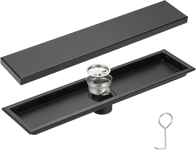 uxcell Rectangular Shower Drain, Brushed 304 Stainless Steel Odor-Proof Floor Drain Linear Shower Drain Hair Catcher for Bathroom Kitchen and Laundry Room(16 Inch, Black)