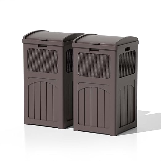 Patiowell 36 Gallon Outdoor Trash Can, Resin Outdoor Garbage Can with Lid for Patio, Backyard, Deck, Dark Brown (2 Pack)