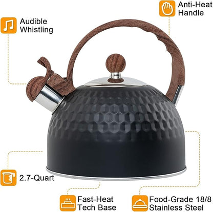 Vilihkc Whistling Stainless Steel Tea Kettle with Wood Grain Anti Heat Handle,2.6 Quart/2.5 Liter Stainless Steel Tea Kettles,Loud Whistling for Tea,Coffee,Gas Electric Applicable