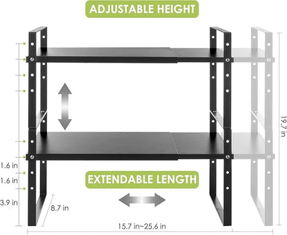 Expandable Cabinet Shelf Organizer Rack, Stackable Kitchen Countertop Organizer Storage Shelves, Adjustable Height Pantry Counter Shelf Riser Spice Rack (Black, 2 Pack)