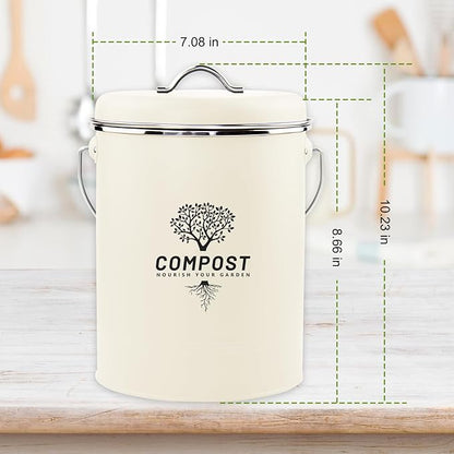 Kitchen Countertop Compost Bin, Odor Resistant Indoor Compost Bin with Lid and Charcoal Filter, Rust Resistant Coated Compost Bucket, Compost Container, Cream